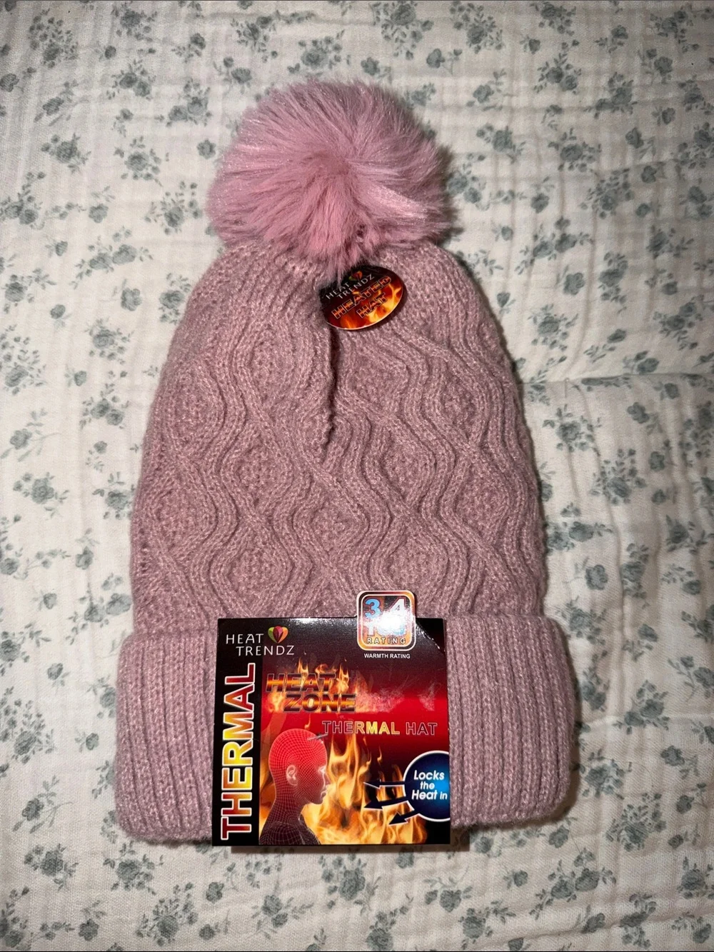 Pink Pom Cable Knit Thermal Beanie Hat